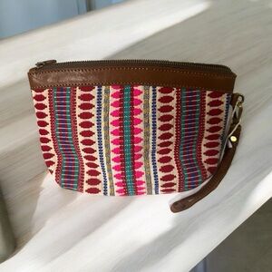 Carolina Jacquard & Leather Wristlet Clutch / Cosmetic Bag - Tan